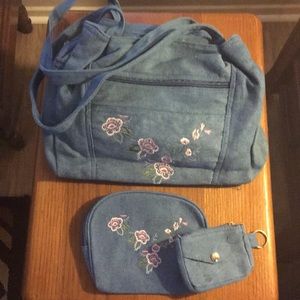 Embroidered Denim Purse 3-Piece Set